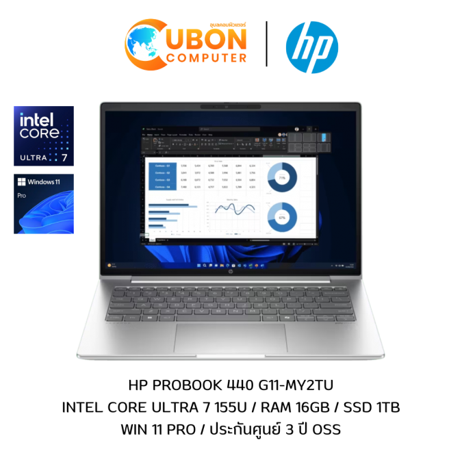 HP PROBOOK 440 G11-MY2TU NOTEBOOK (โน๊ตบุ๊ค) INREL CORE ULTRA 7 155U / 16GB / 1TB / WIN 11 PRO / ประกันศูนย์ 3 ปี OSS