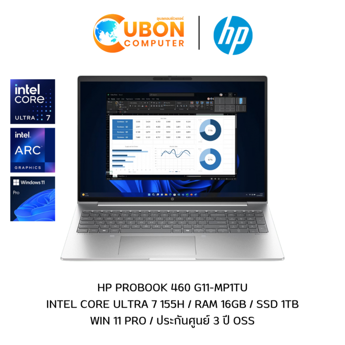 HP PROBOOK 460 G11-MP1TU NOTEBOOK (โน๊ตบุ๊ค) INTEL CORE ULTRA 7 155H / 16GB / 1TB / WIN 11 PRO / ประกันศูนย์ 3 ปี OSS