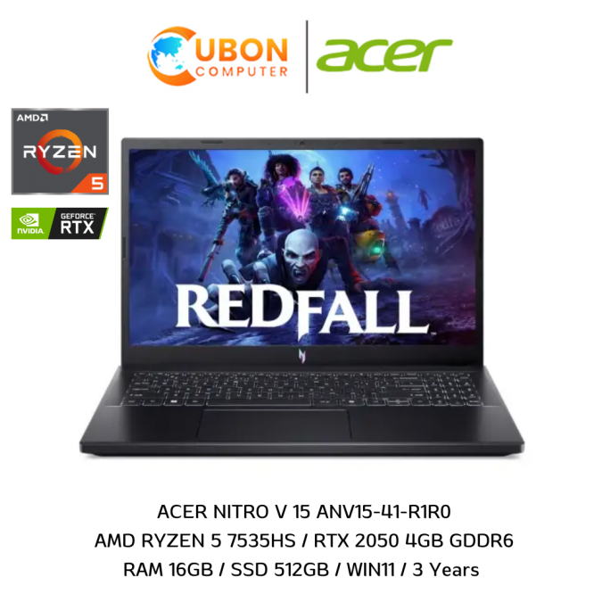 ACER NITRO V 15 ANV15-41-R1R0 NOTEBOOK (โน๊ตบุ๊ค) AMD RYZEN 5 7535HS / RTX 2050 / 16GB / 512GB / WIN11 / 3 Years 