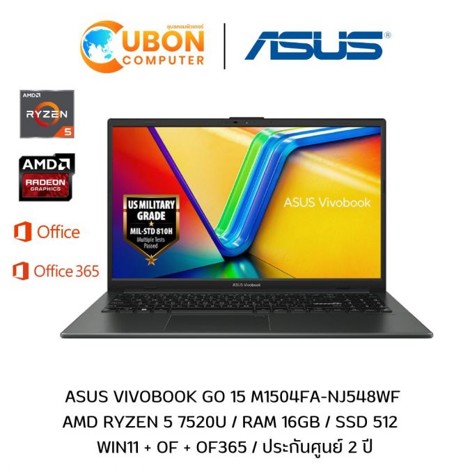 ASUS Vivobook GO 15 M1504FA-NJ548WF NOTEBOOK โน๊ตบุ๊ค AMD Ryzen 5 7520U / Ram 16GB / SSD 512 / WIN11 + OF / ประกันศูนย์ 2 ปี