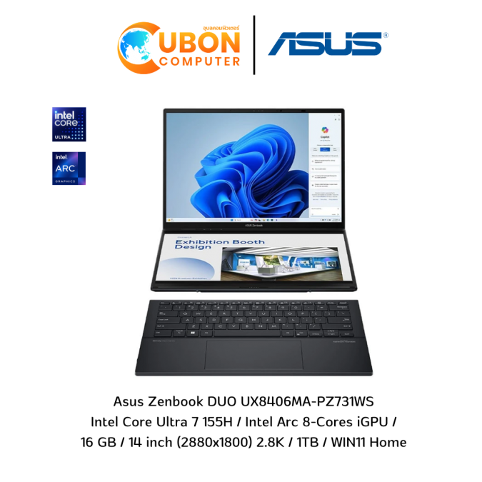 ASUS ZENBOOK DUO OLED UX8406MA-PZ731WS NOTEBOOK (โน๊ตบุ๊ค) INTEL CORE ULTRA 7 155H / ARC GRAPHIC / 16GB D5 / 1TB / 14" OLED / WIN11 + OFFICE (INKWELL GRAY) ประกันศูนย์ 3 ปี