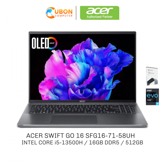 ACER SWIFT GO 16 SFG16-71-58UH NOTEBOOK (โน๊ตบุ๊ค) INTEL I5-13500H / 16GB / 512GB / WIN11+OFFICE / 2 YEAR