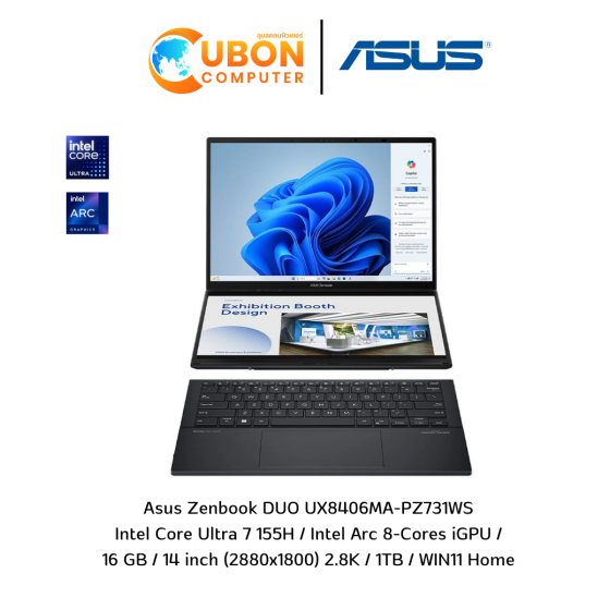 ASUS ZENBOOK DUO OLED UX8406MA-PZ731WS NOTEBOOK (โน๊ตบุ๊ค) INTEL CORE ULTRA 7 155H / ARC GRAPHIC / 16GB D5 / 1TB / 14" OLED / WIN11 + OFFICE (INKWELL GRAY) ประกันศูนย์ 3 ปี