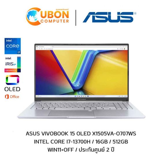 ASUS VIVOBOOK 15 OLED X1505VA-O707WS (โน้ตบุ๊ค) INTEL CORE I7-13700H / 16GB / 512GB / WIN11+OFF / ประกันศูนย์ 2 ปี